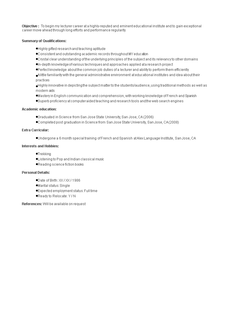 Fresher Lecturer Job Resume sample 模板