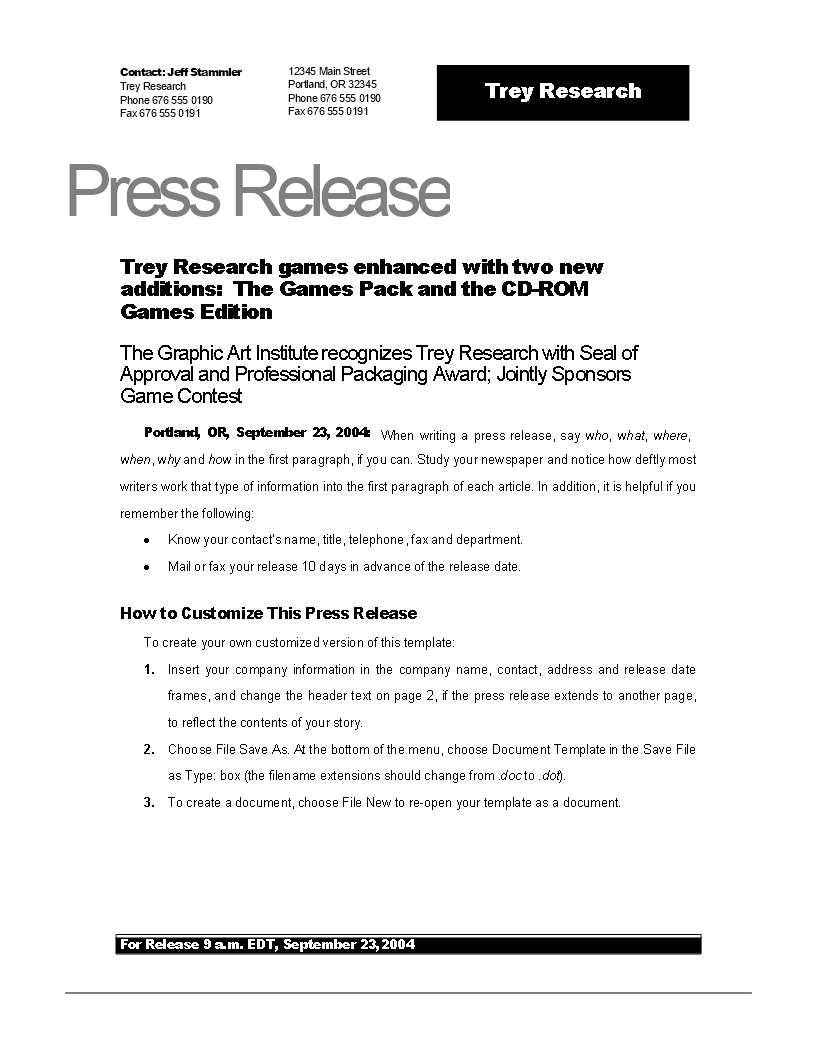 Kostenloses Press release example new game