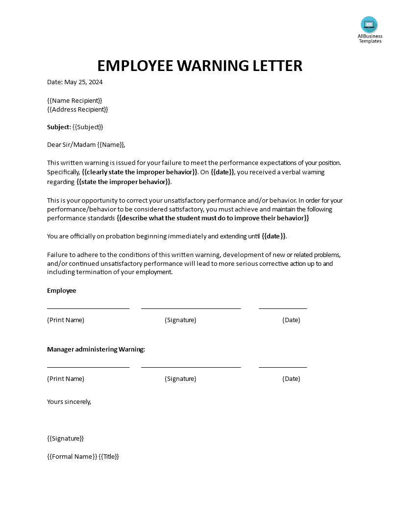 warning letter to employee for poor performance Hauptschablonenbild