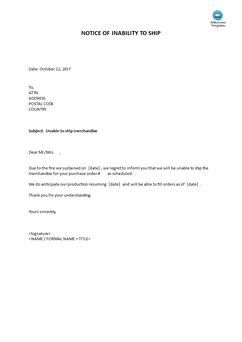 notice of inability to ship voorbeeld afbeelding 