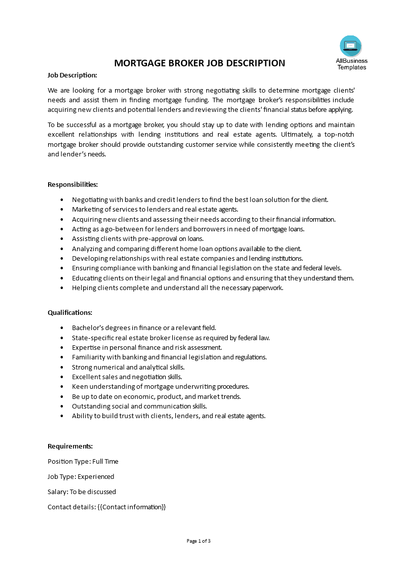 mortgage broker job description template