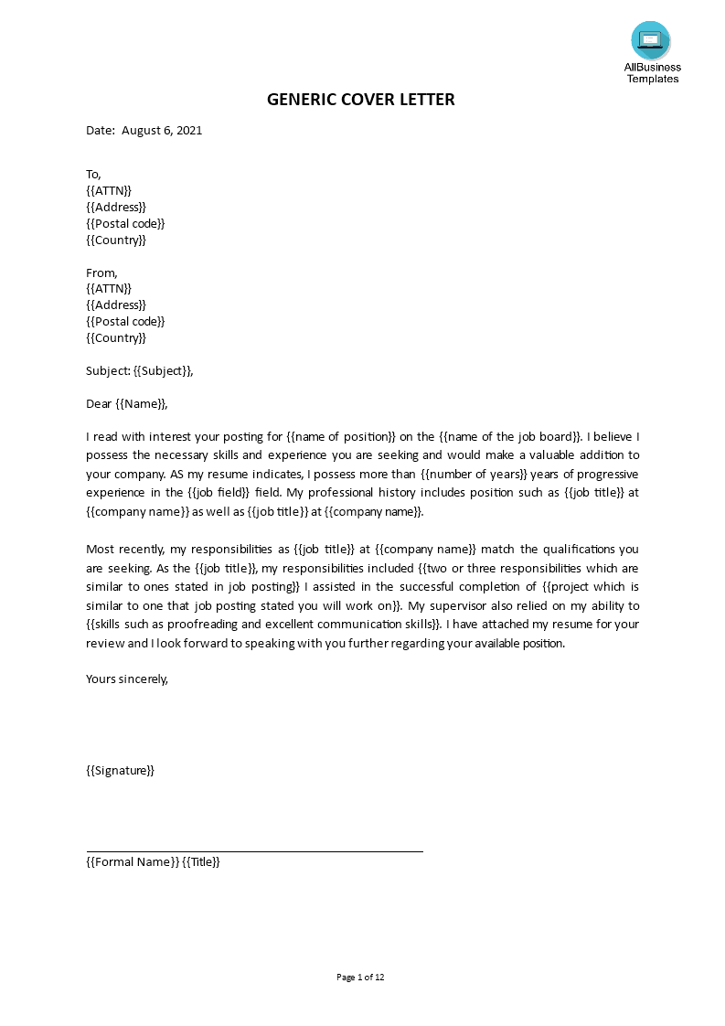 generic cover letter template