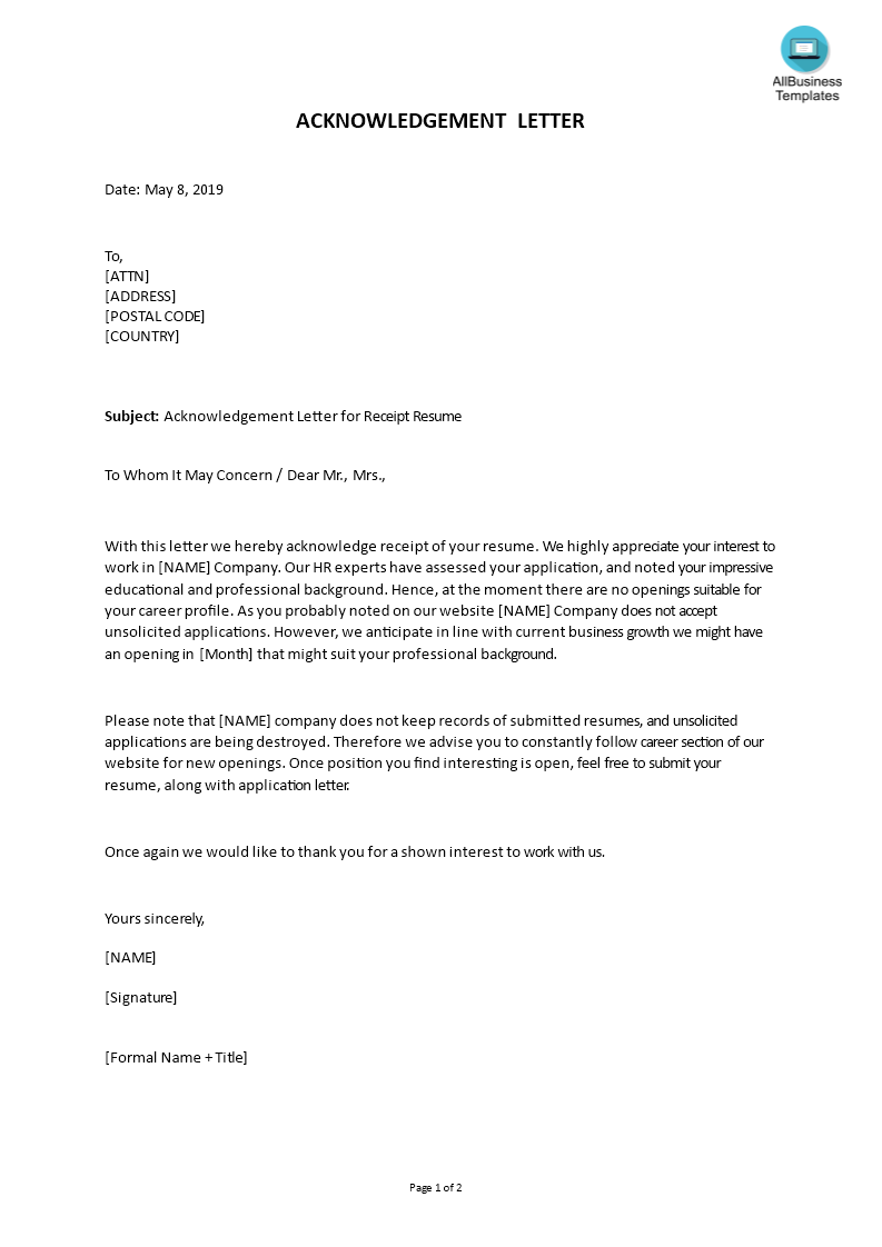 acknowledgement letter for receipt of resume plantilla imagen principal