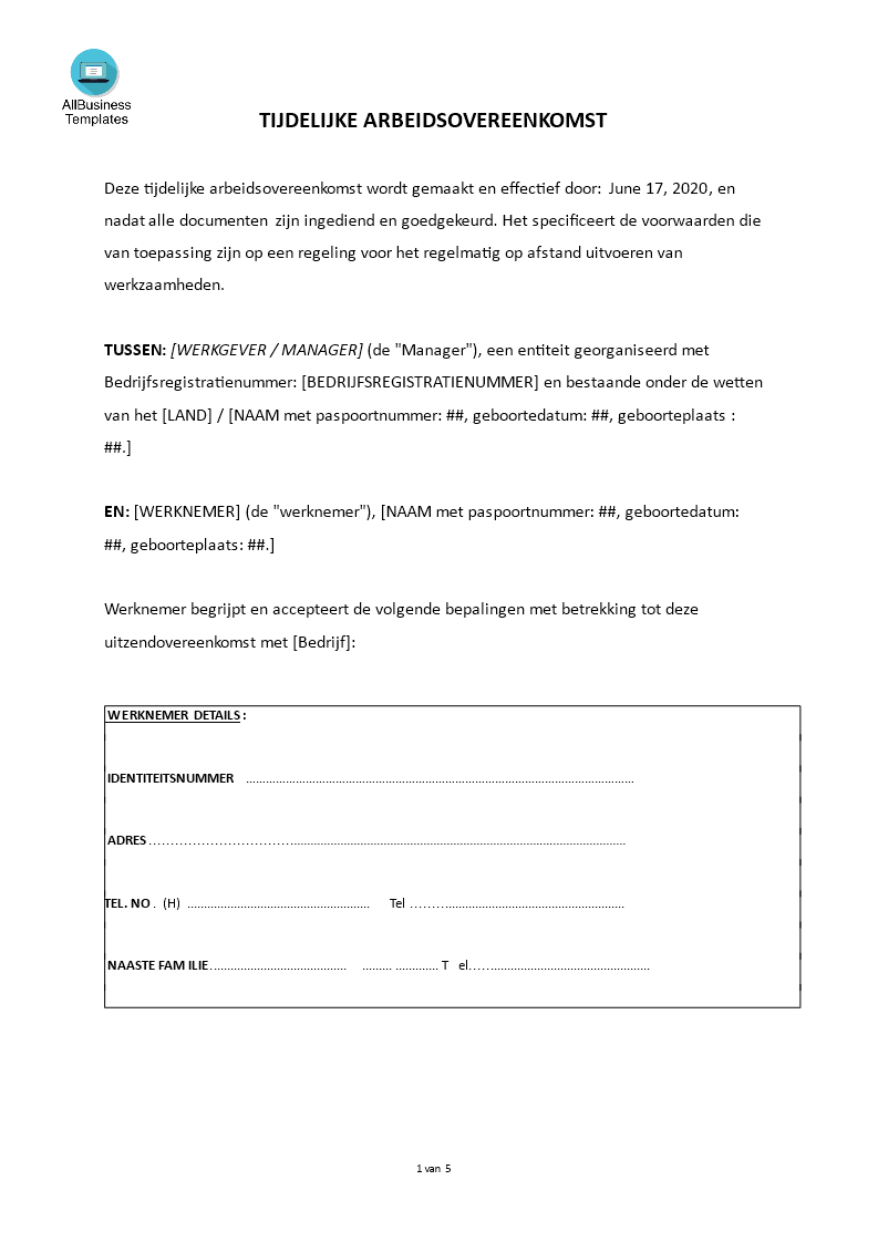 Uitzendcontract Tijdelijk Arbeidscontract 模板