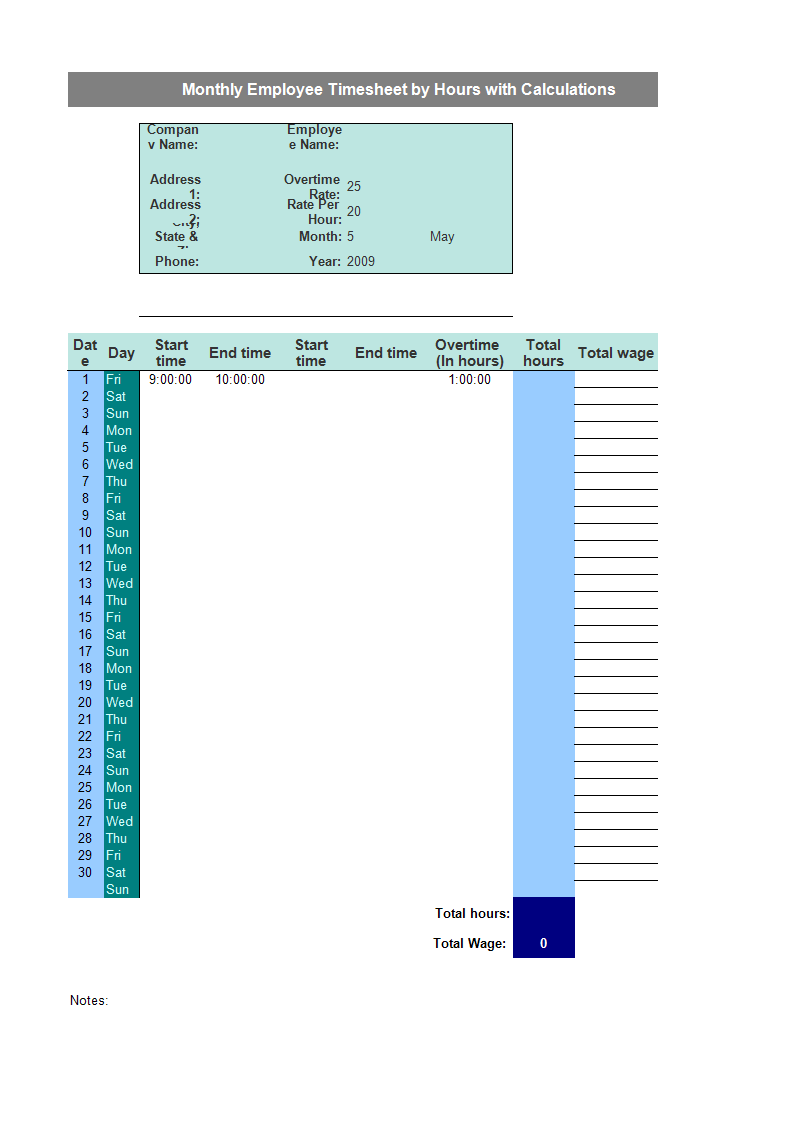 monthly employee timesheet by hours template