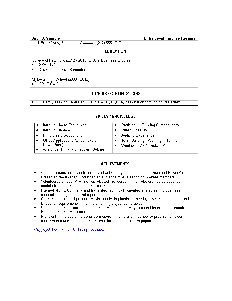 Entry Level Finance Resume 模板