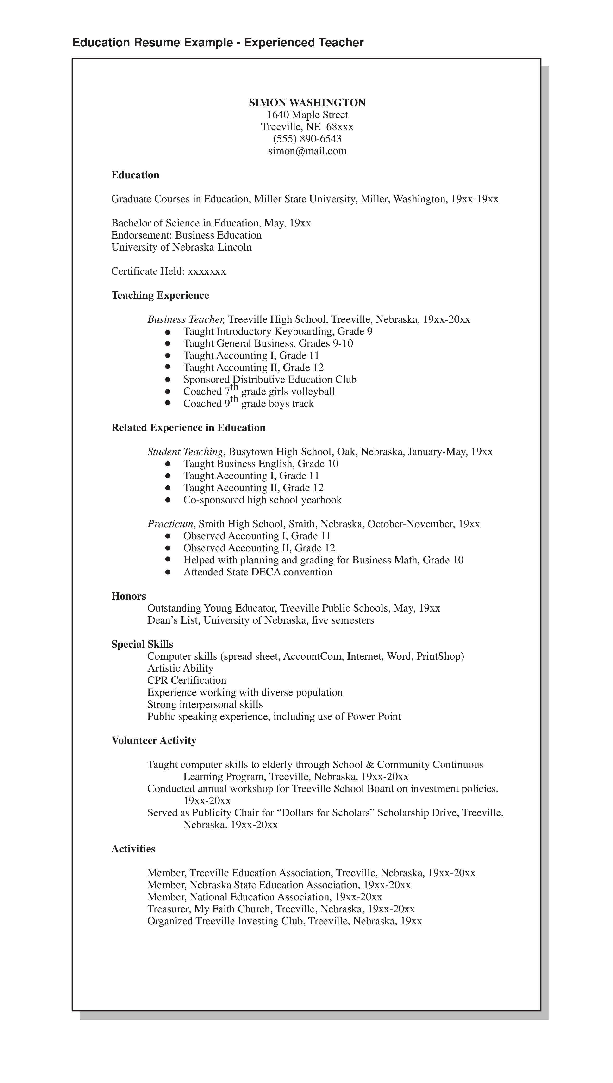 Experienced Business Teacher Resume 模板