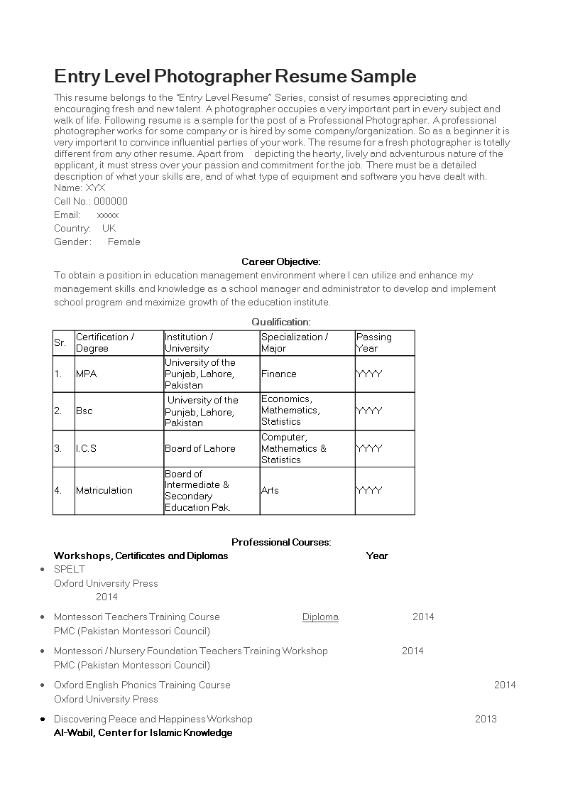 entry level photographer resume modèles