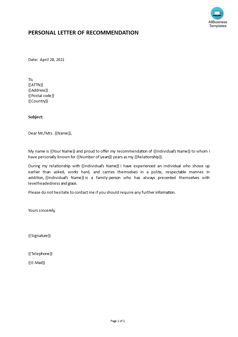 personal letter of recommendation Hauptschablonenbild