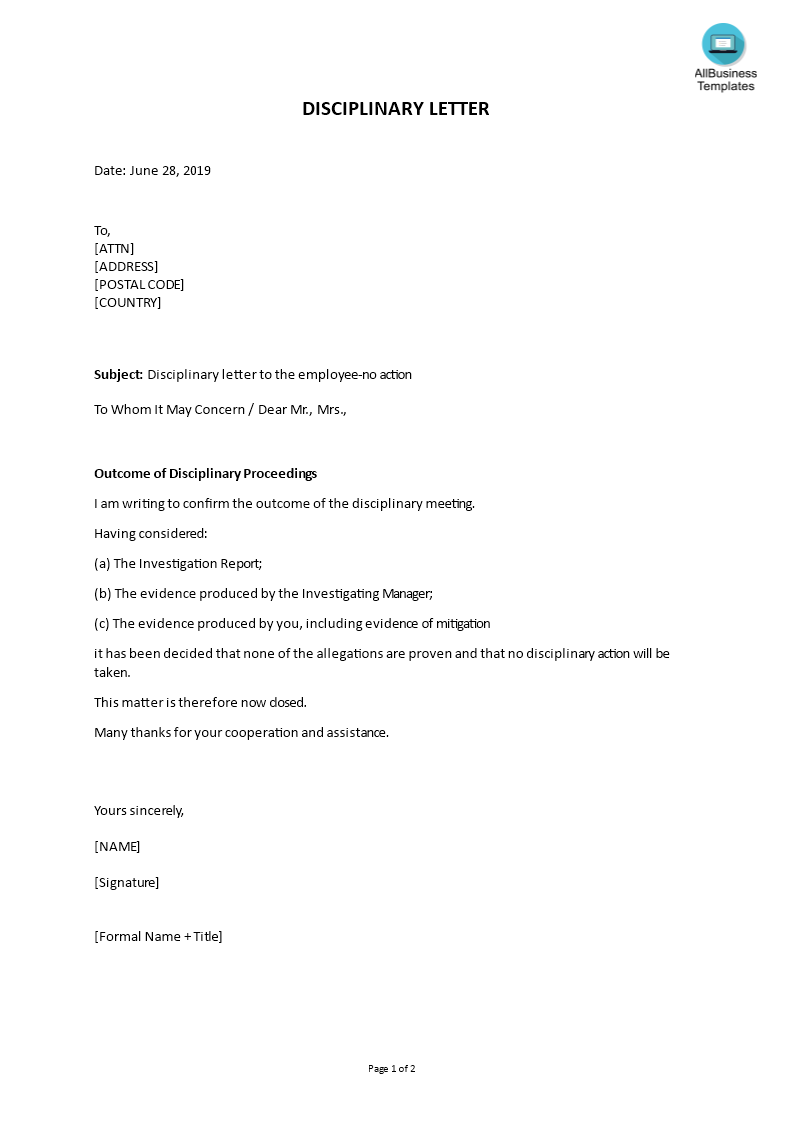 sample disciplinary letter to the employee voorbeeld afbeelding 