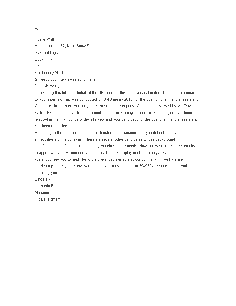 candidate rejection letter before job interview plantilla imagen principal