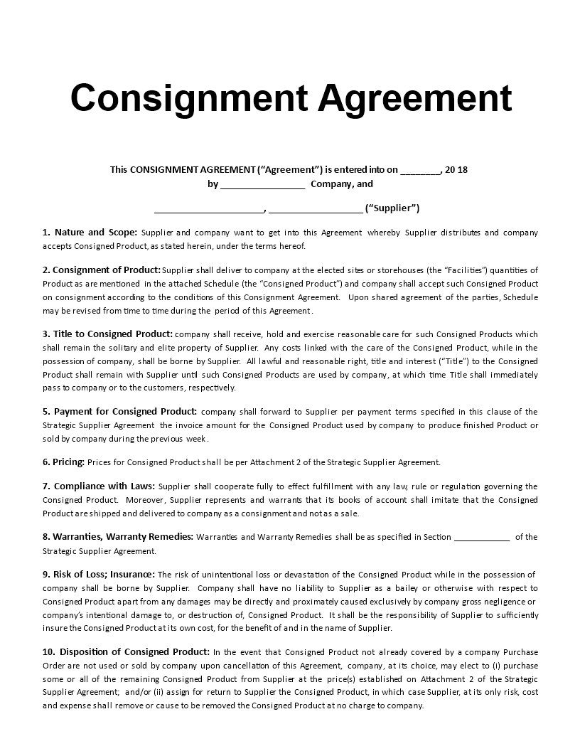 consignment agreement template Hauptschablonenbild