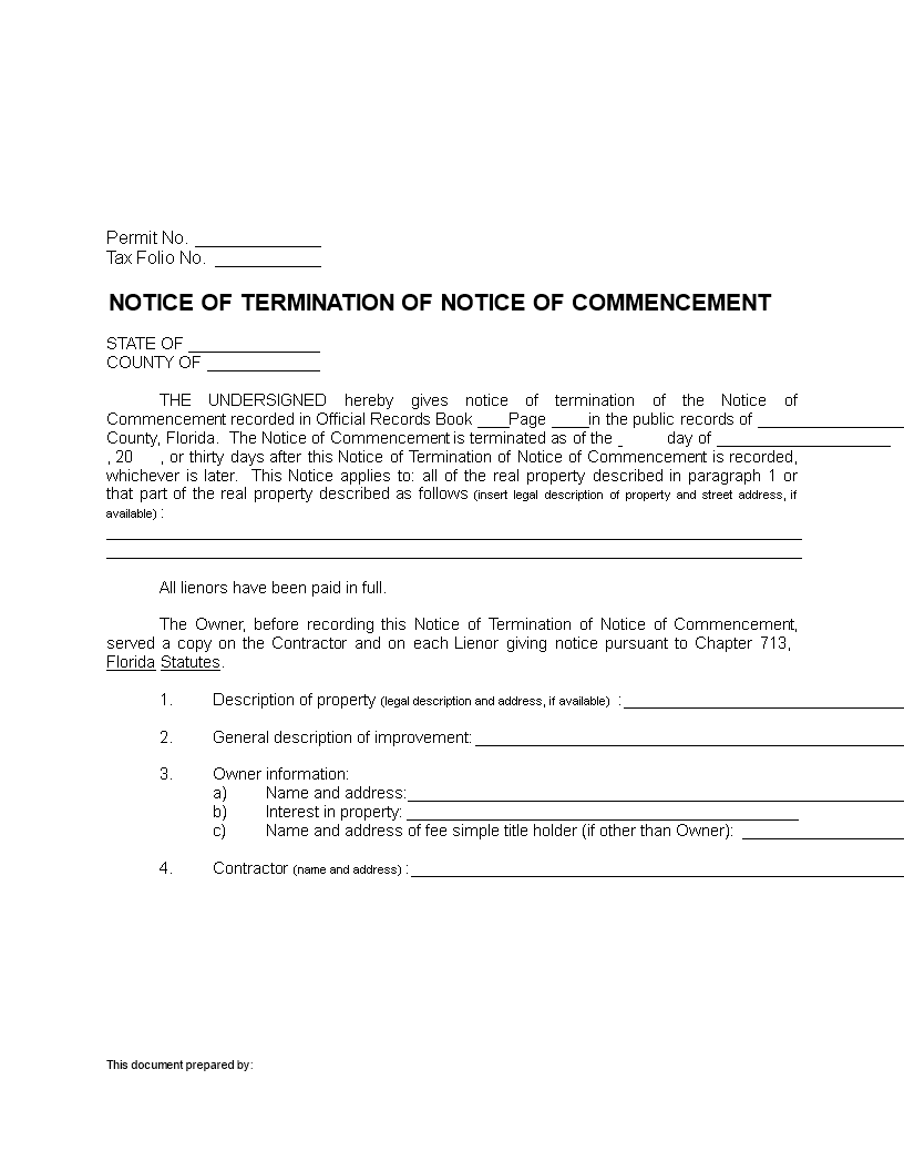 notice of termination of commencement voorbeeld afbeelding 