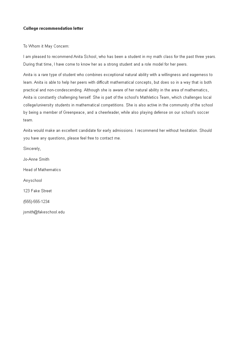 college letter of recommendation for student template
