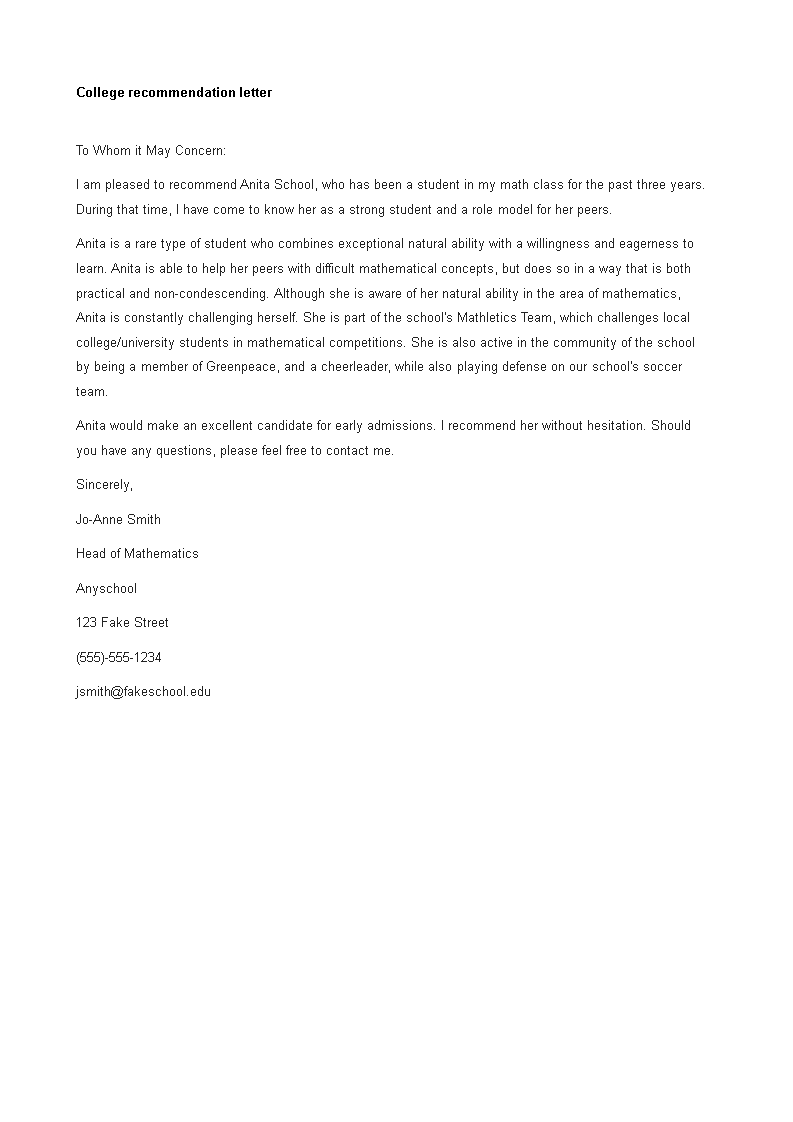 College Letter Of Recommendation For Student main image