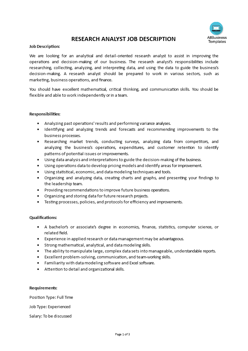 research analyst job description modèles