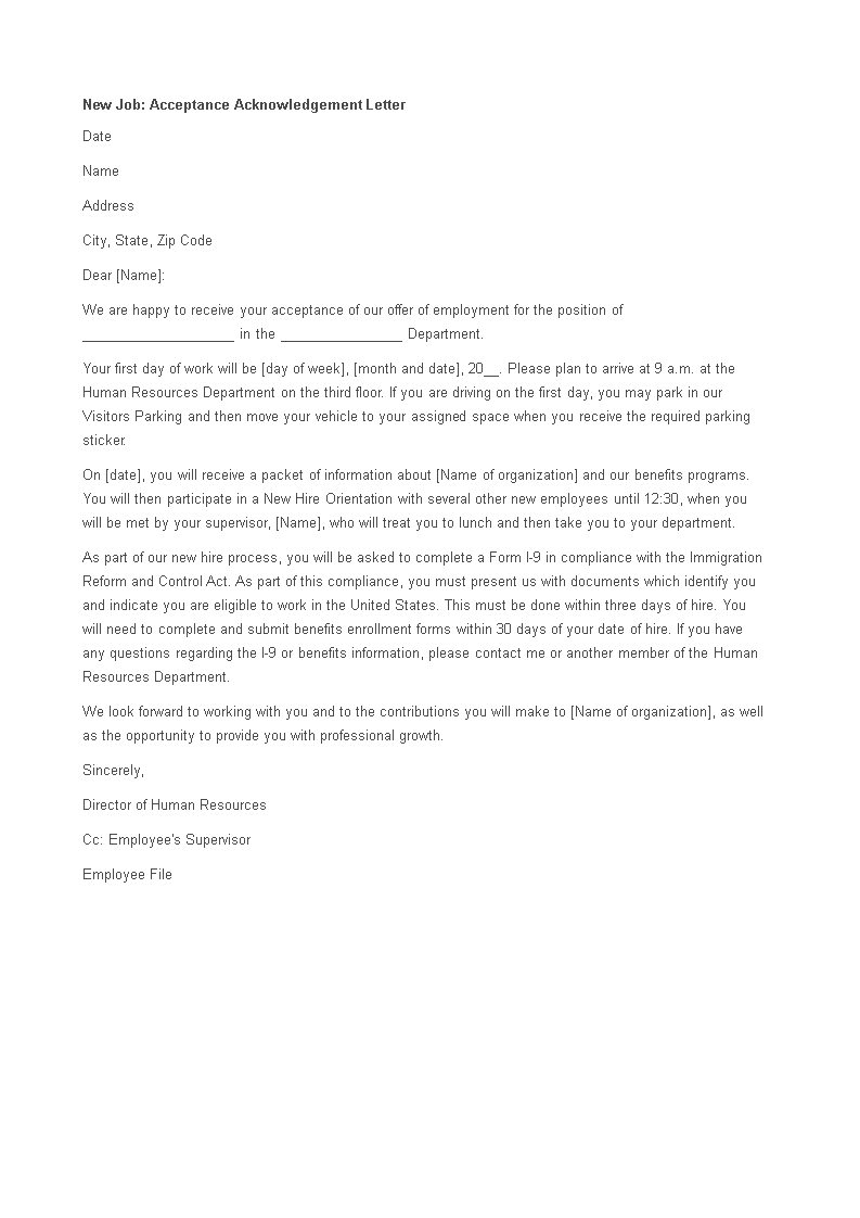 job acceptance acknowledgement letter template