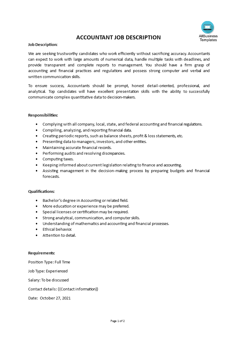 accountant job description modèles