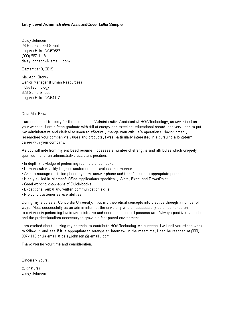 job application letter for entry level administrative assistant voorbeeld afbeelding 