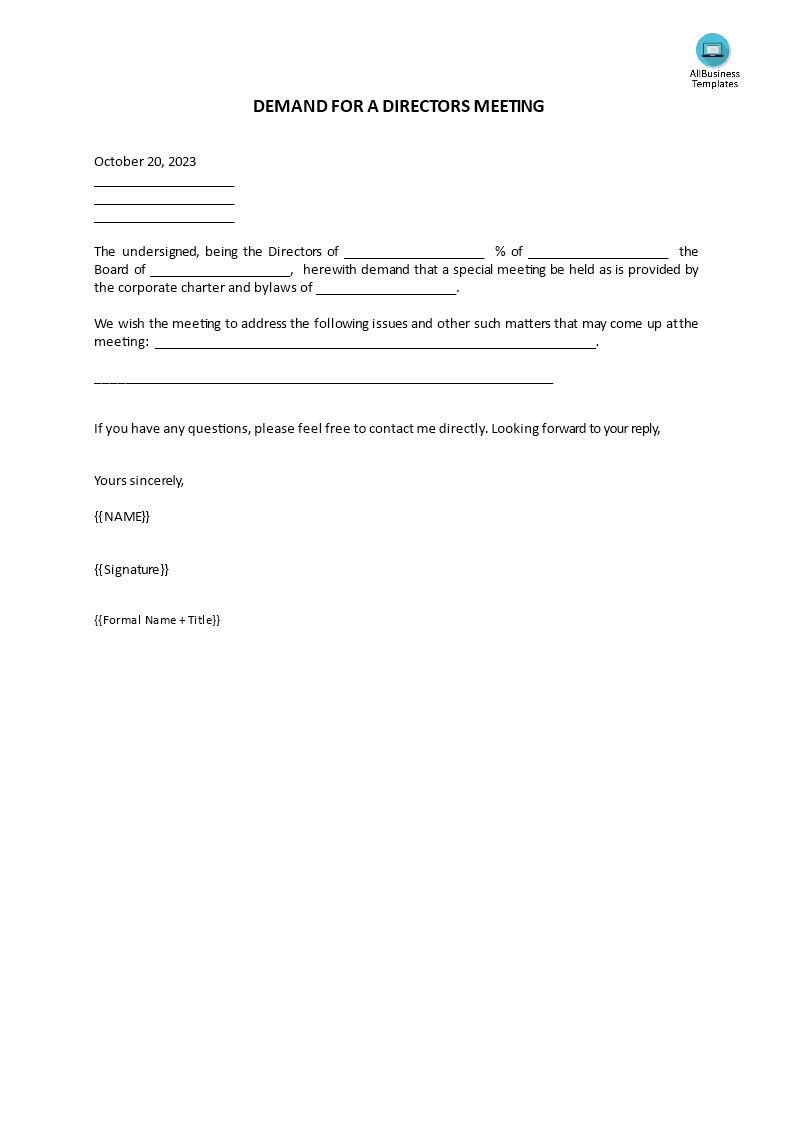 demand for a directors meeting template