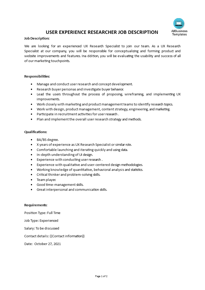 user experience researcher job description template