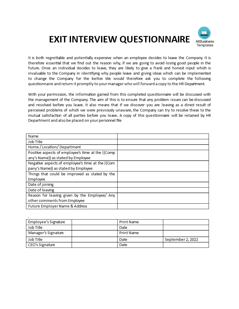 exit interview format Hauptschablonenbild