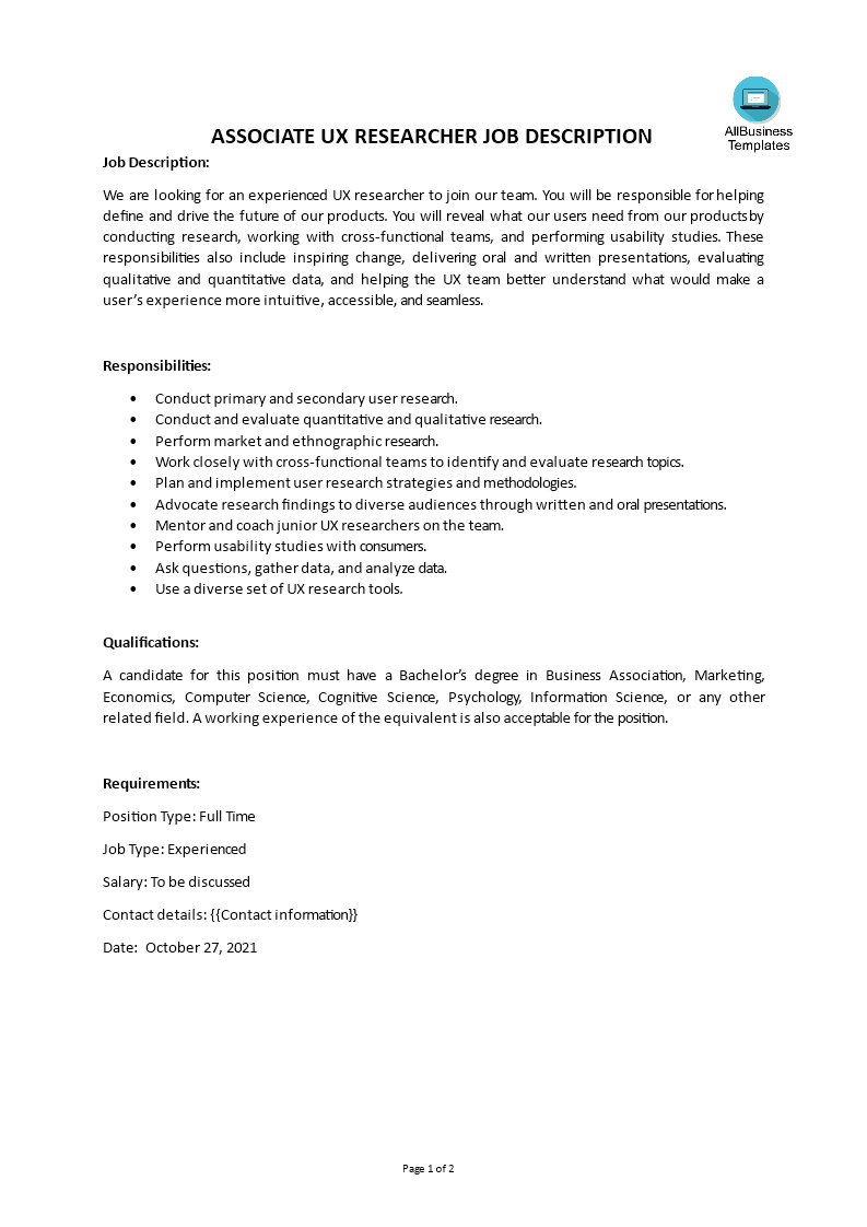 user experience ux job description template