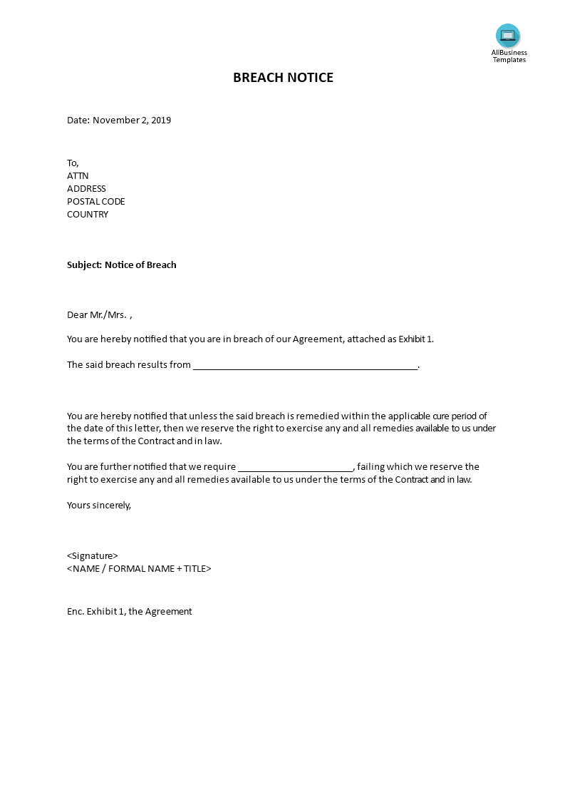 Breach Of Contract Notice Letter from www.allbusinesstemplates.com