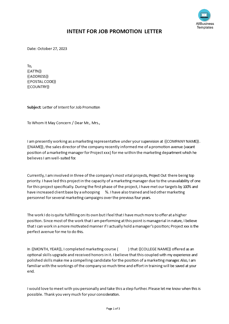 letter of intent for job promotion Hauptschablonenbild