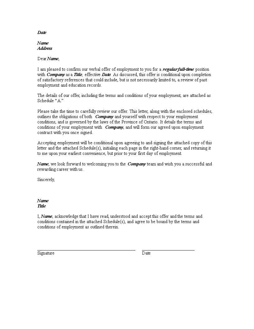 employment contract offer letter template