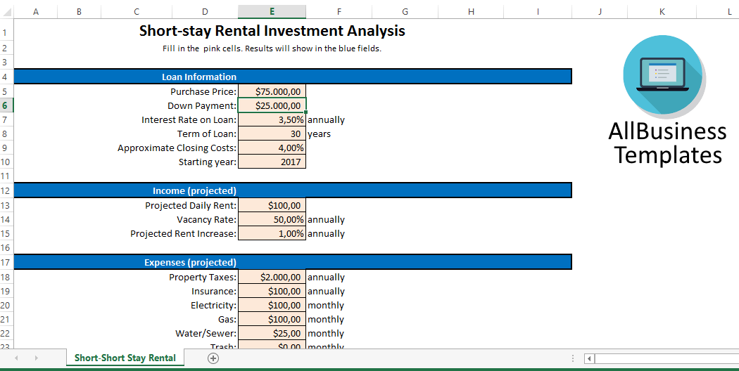 short-stay rental investment analysis worksheet template