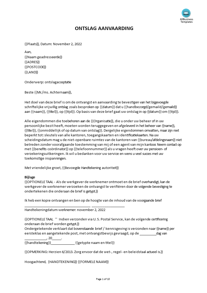 voorbeeld werknemer onstlag aanvaardingsbrief template