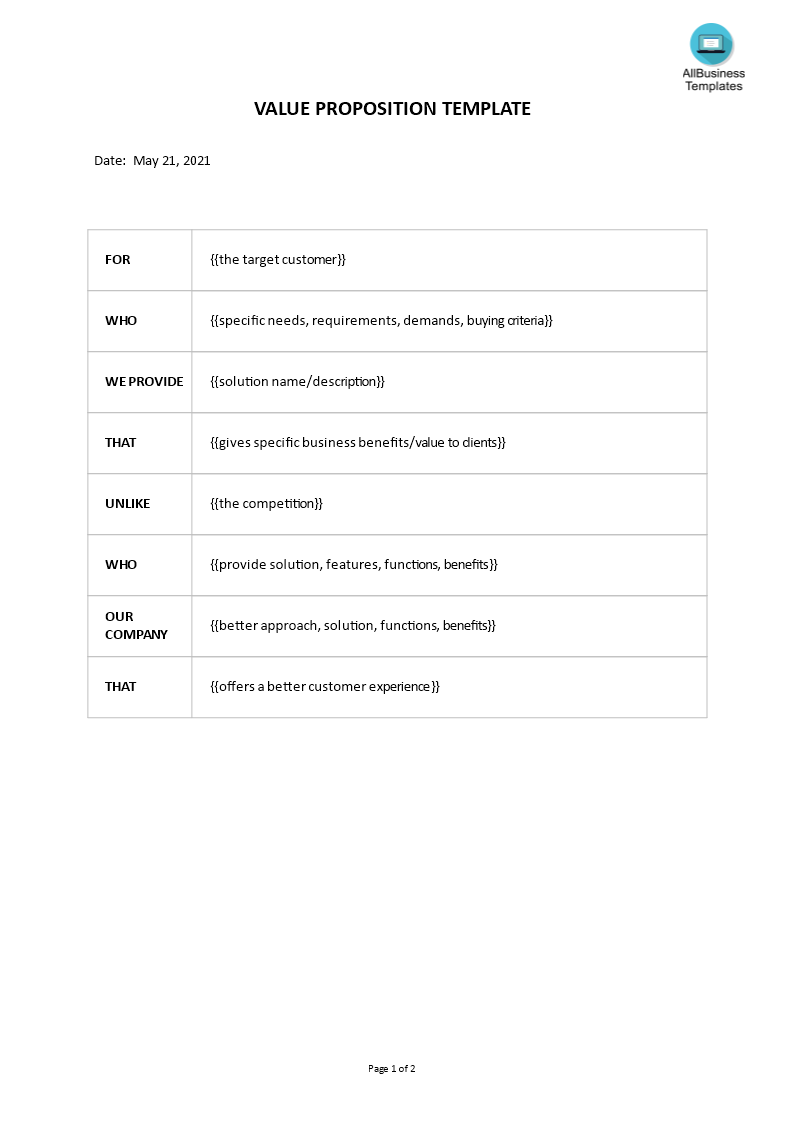 company value proposition template