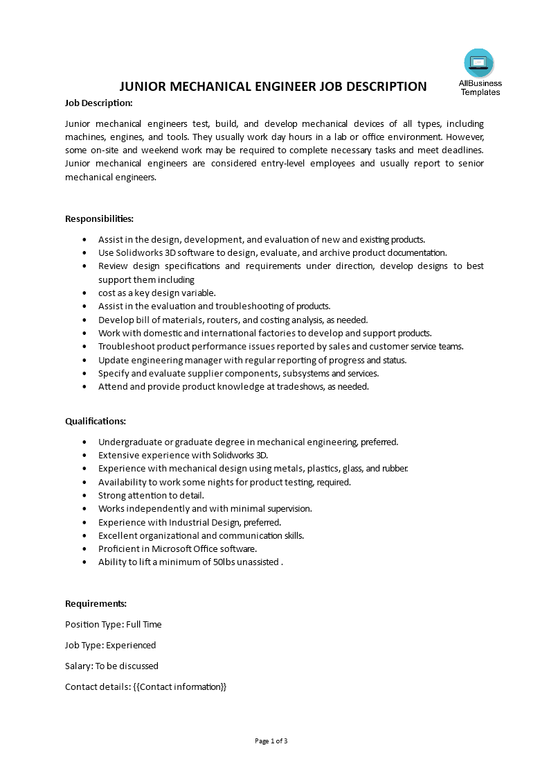 junior mechanical engineer job description template