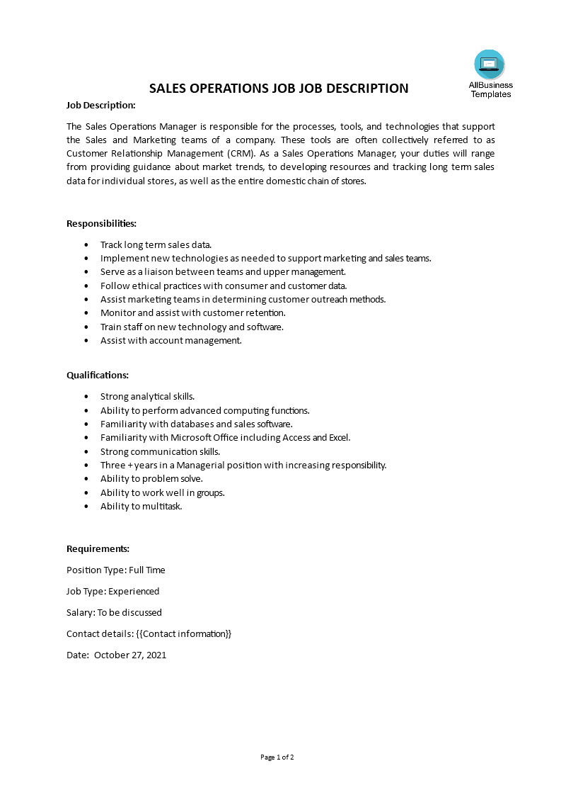 sales operations job job description modèles