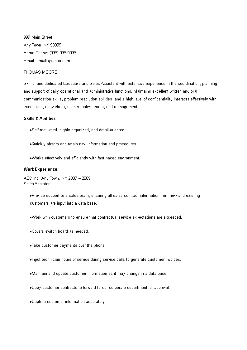 Sales Executive Assistant CV main image