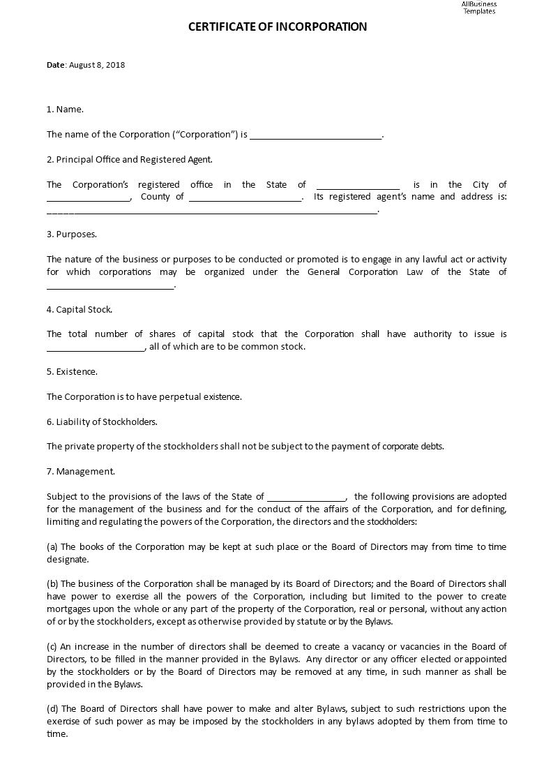 certificate of incorporation template