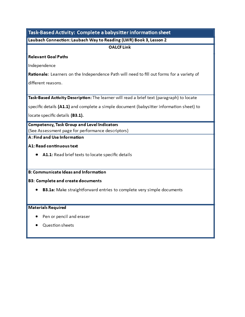 babysitter information sheet template