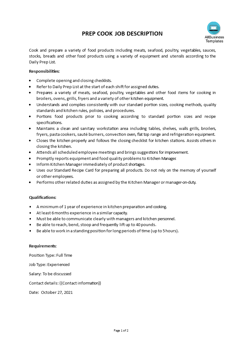 prep cook job description template