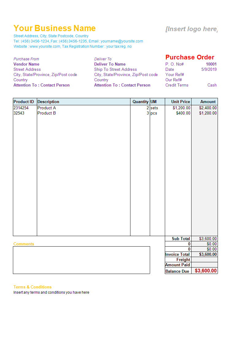 purchase order template in excel voorbeeld afbeelding 