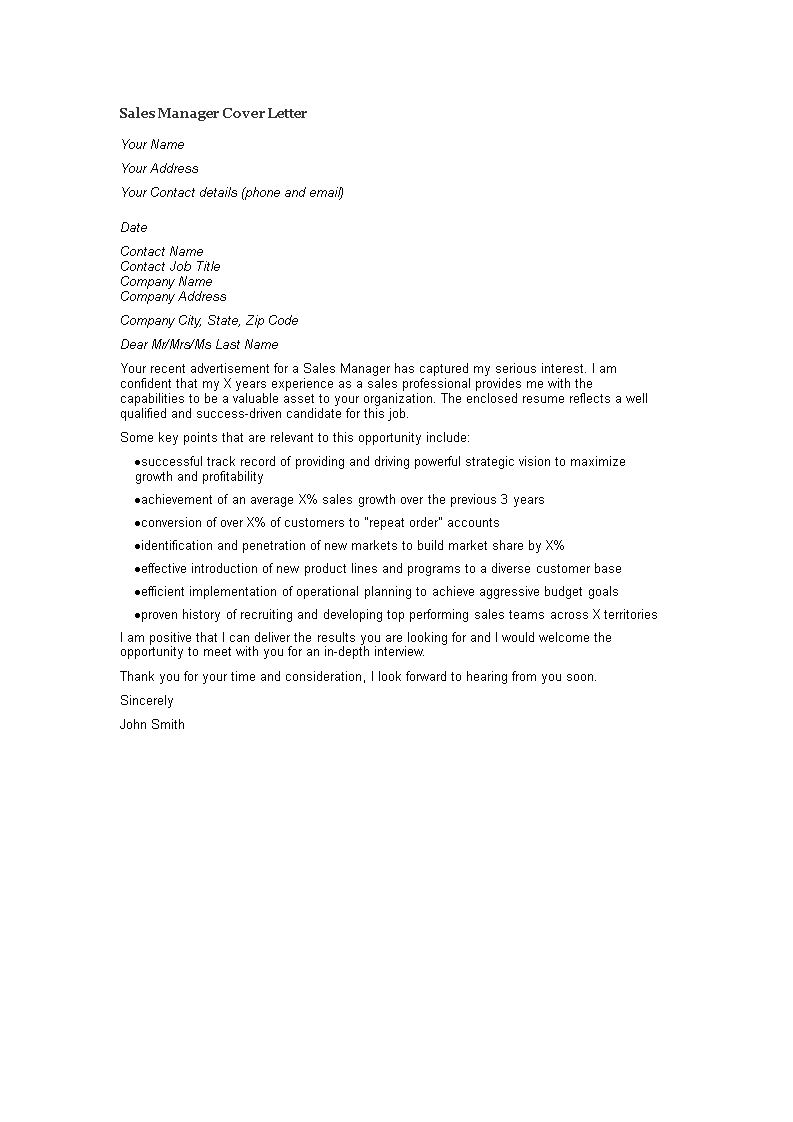 sales manager application letter template