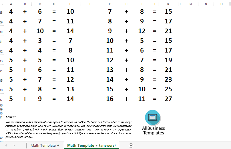 Math for Kids template adding numbers | Templates at ...