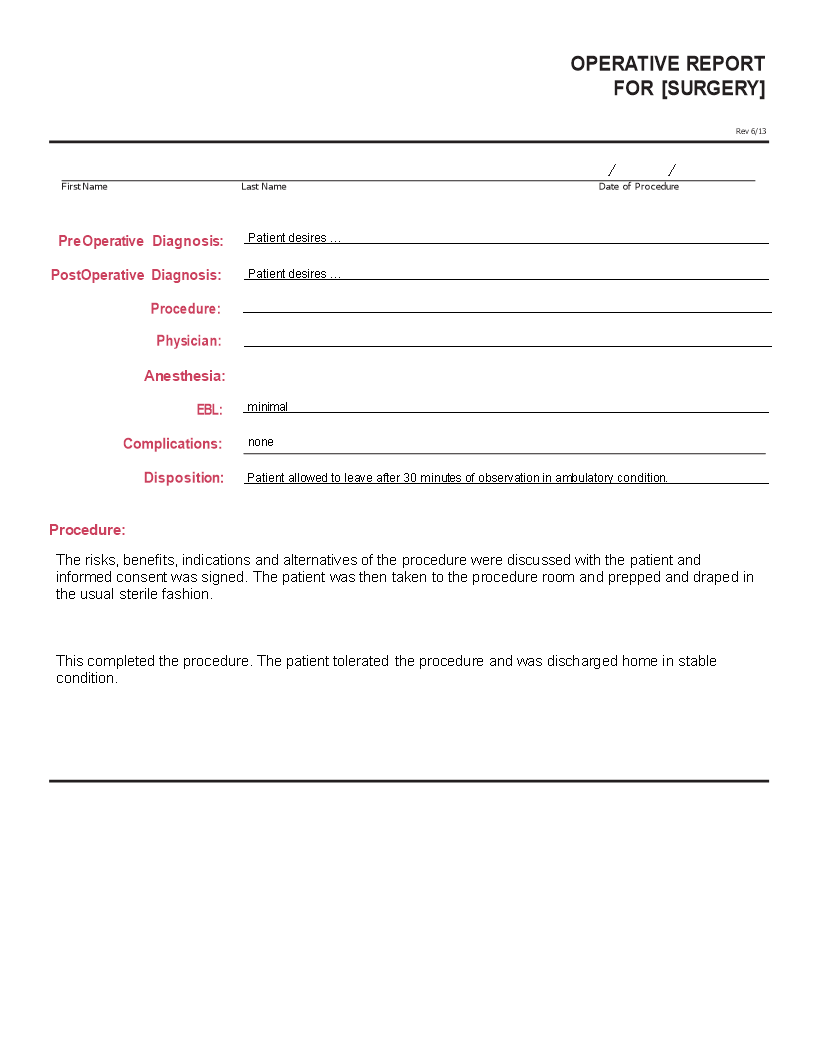 operative report template