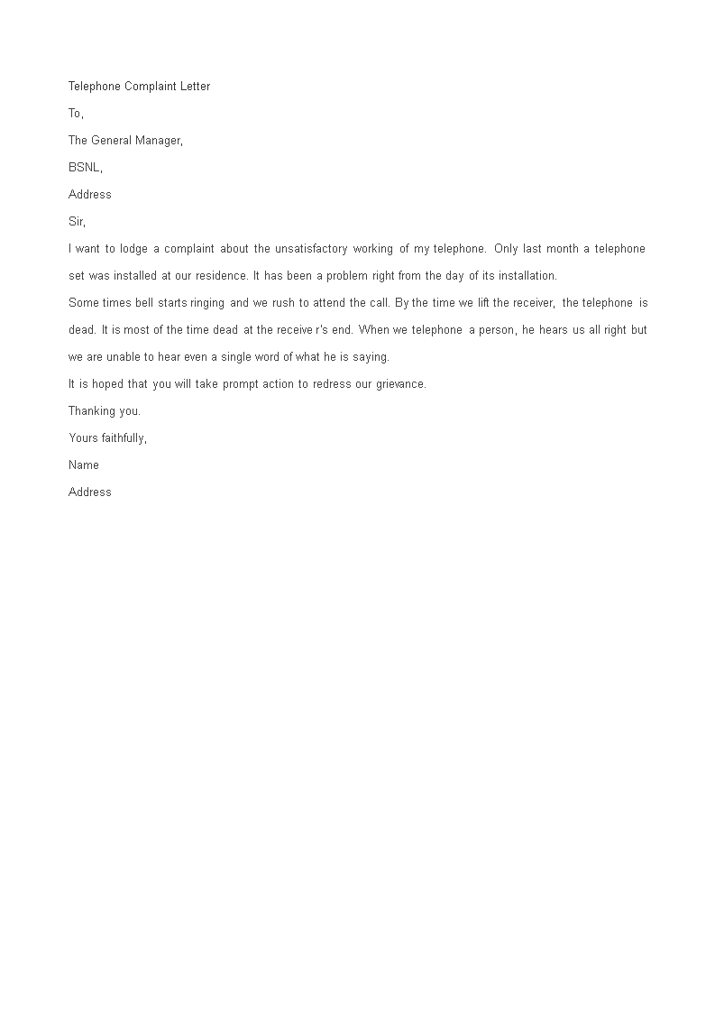 telephone complaint letter format Hauptschablonenbild