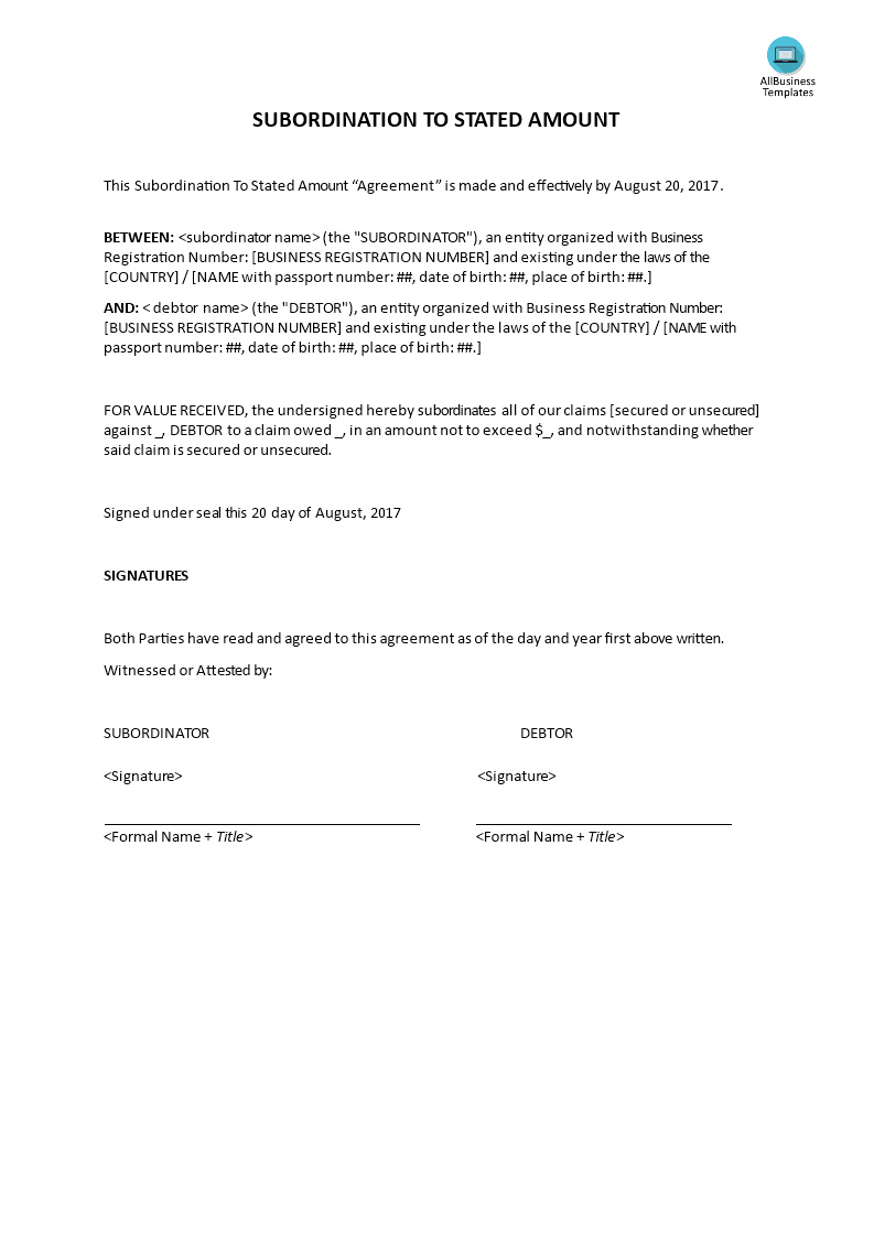 subordination to stated amount template