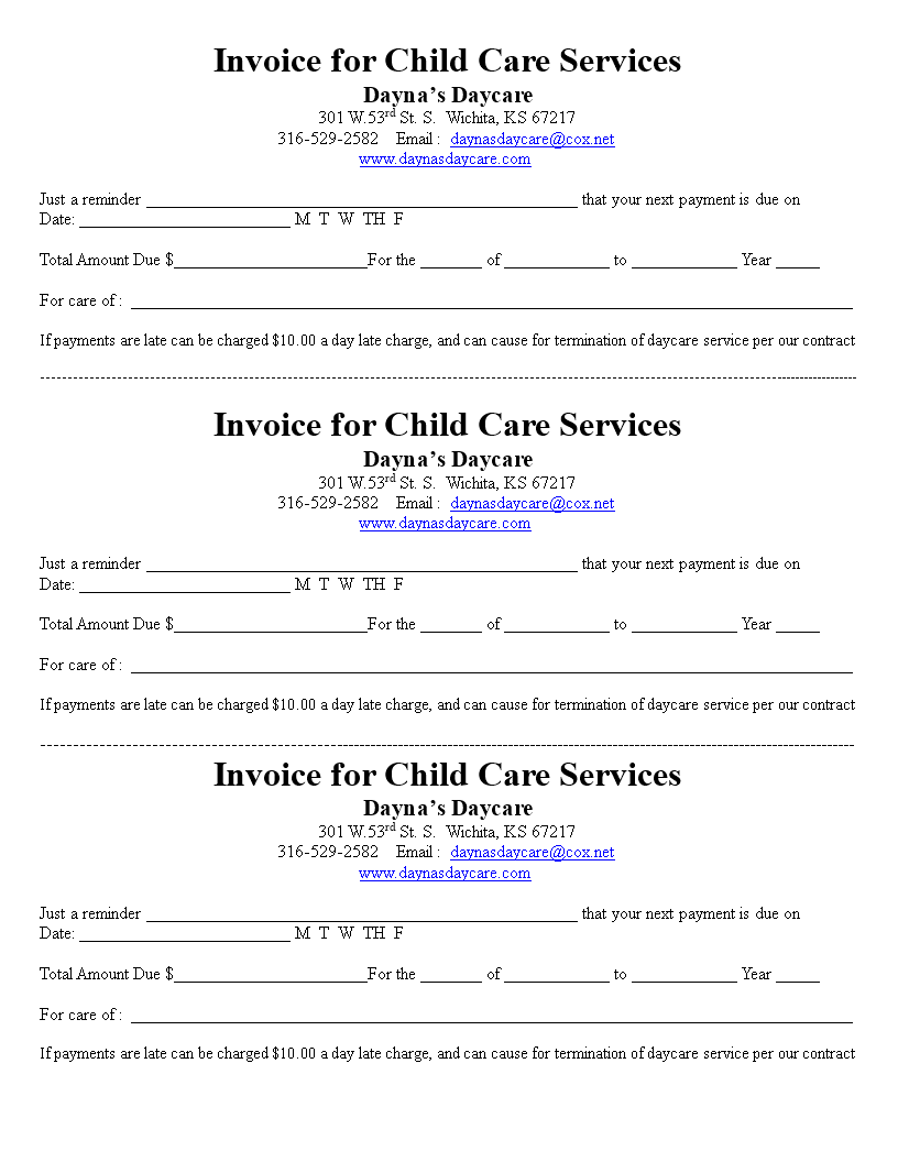 Printable Childcare Service Invoice 模板