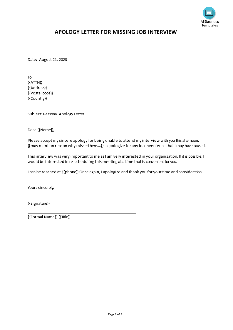 sincere apology example letter for missed job interview plantilla imagen principal