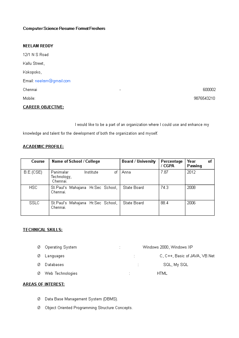 Free Fresher Computer Engineer Resume Templates At