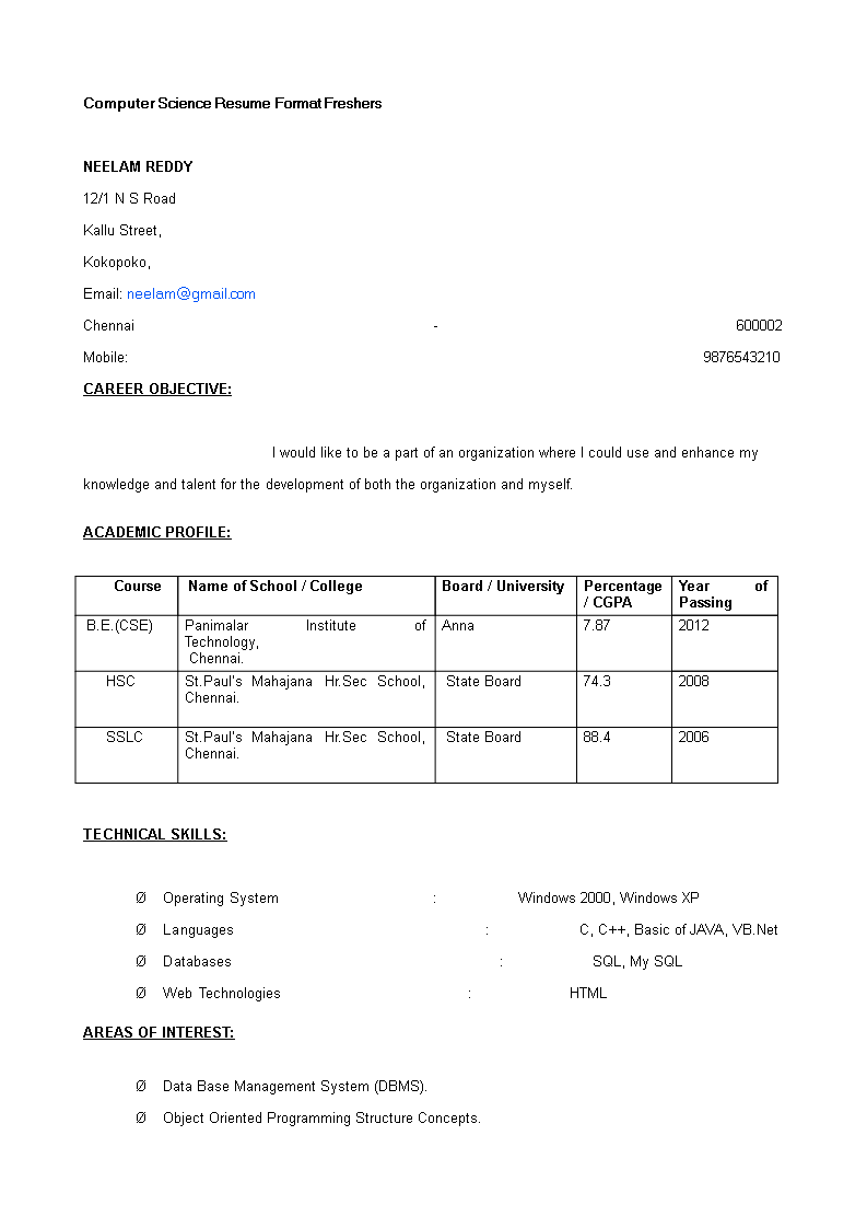 fresher computer engineer resume template