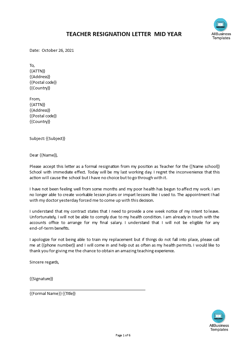 Kostenloses Teacher Resignation Letter Mid Year